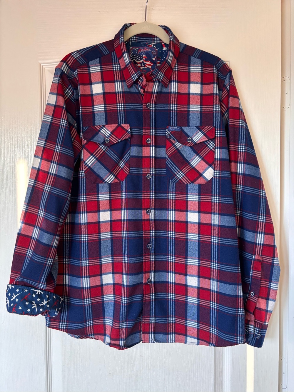RETRO RIFLE Fourth Flannel Button Up Shirt Plaid Red Blue Mens Large